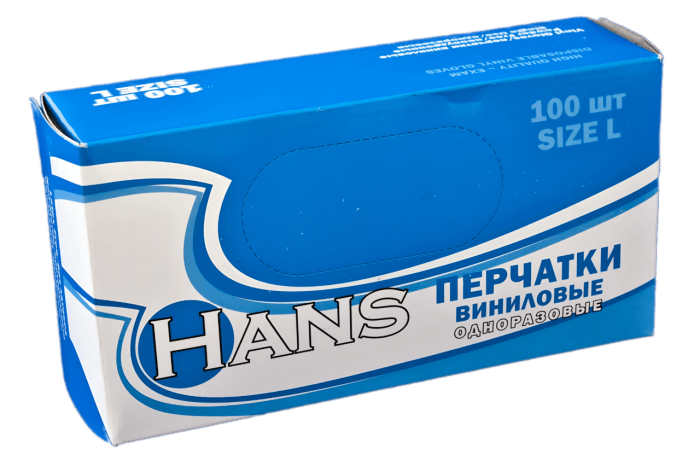 Перчатки виниловые неопудренные (100 шт.упак) ПРОЗРАЧНЫЕ HANS, L